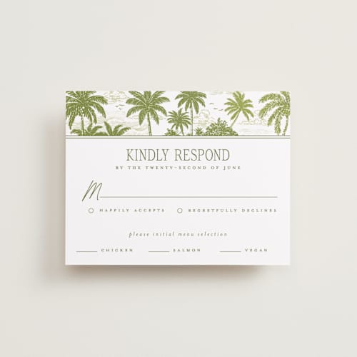 This is a palm rsvp cards with standard by Jenna Holcomb called beachtoile printing on signature in standard