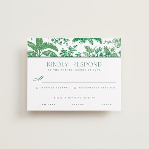This is a jade rsvp cards with standard by Jenna Holcomb called tropical toile printing on signature in standard