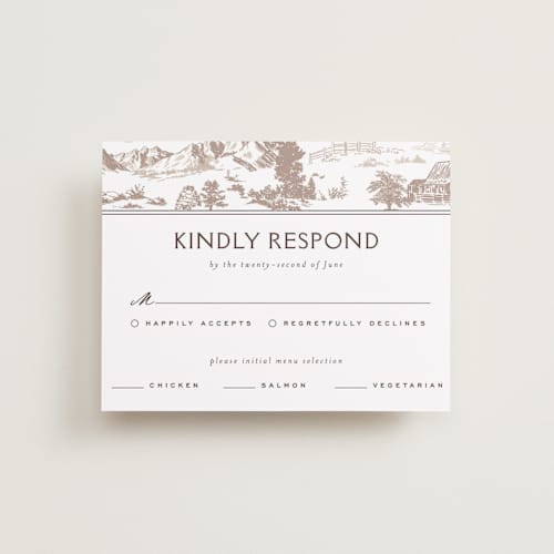 This is a leather rsvp cards with standard by Jenna Holcomb called mountain ranch toile printing on signature in standard