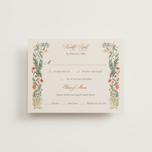 This is a garden rsvp cards with standard by Elly called garden heirloom printing on signature in standard