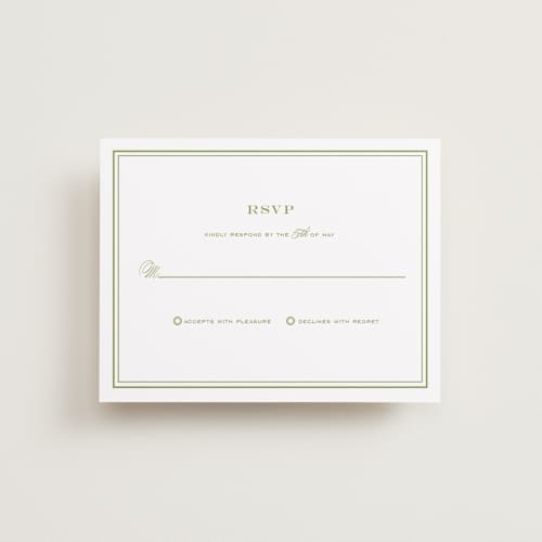 This is a spring green rsvp cards with standard by Annie Clark called country club printing on signature in standard