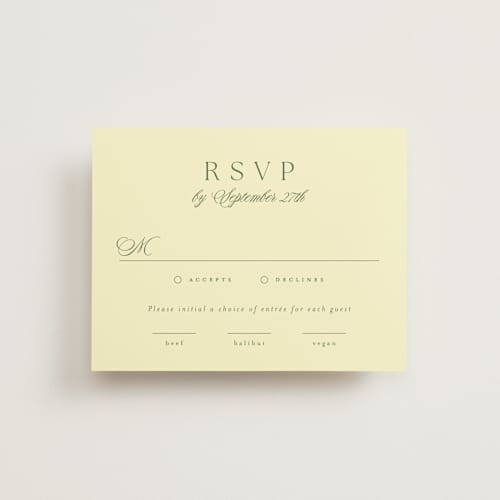 This is a chartreuse rsvp cards with standard by Everett Paper Goods called carlyle printing on signature in standard