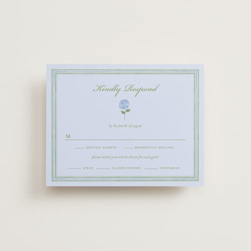 This is a coastal rsvp cards with standard by Madhvi Samimi called hydrangea vines printing on signature in standard