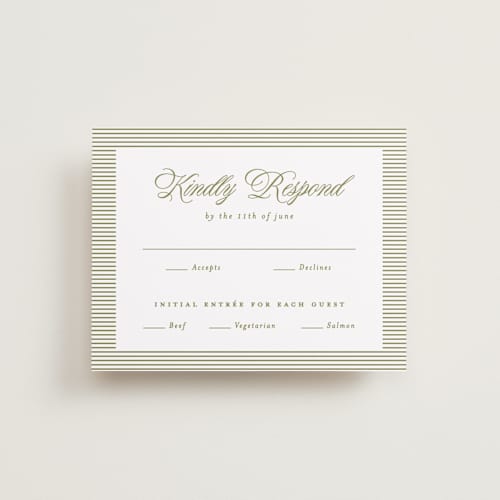This is a olive rsvp cards with standard by Ellen Schlegelmilch called museo printing on signature in standard