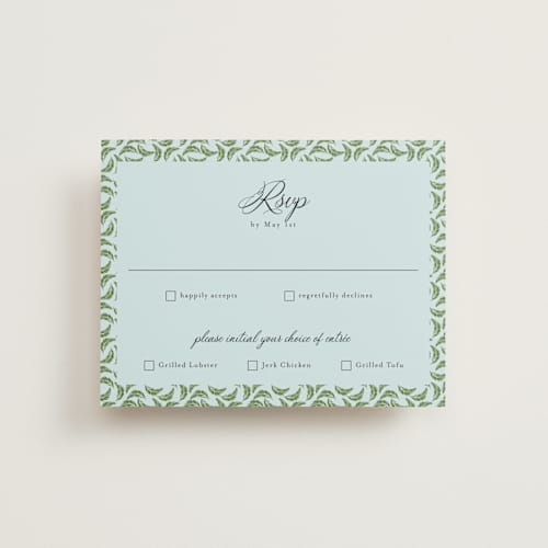 This is a papaya rsvp cards with standard by Susan Moyal called tropical crest printing on signature in standard