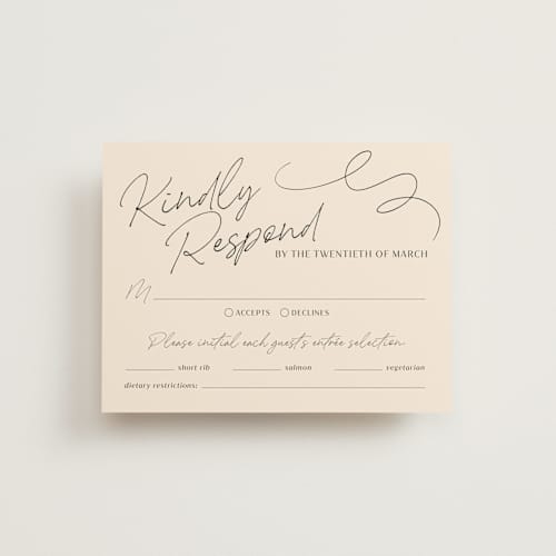 This is a champagne rsvp cards with standard by Wallace Design Co. called french whimsy script printing on signature in standard