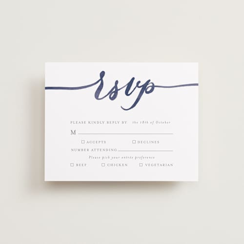 This is a navy rsvp cards with standard by Shannon Chen of Four Wet Feet Studio called love printing on signature in standard