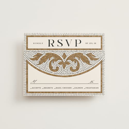 This is a sand rsvp cards with standard by GeekInk Design called floral mosaic printing on signature in standard