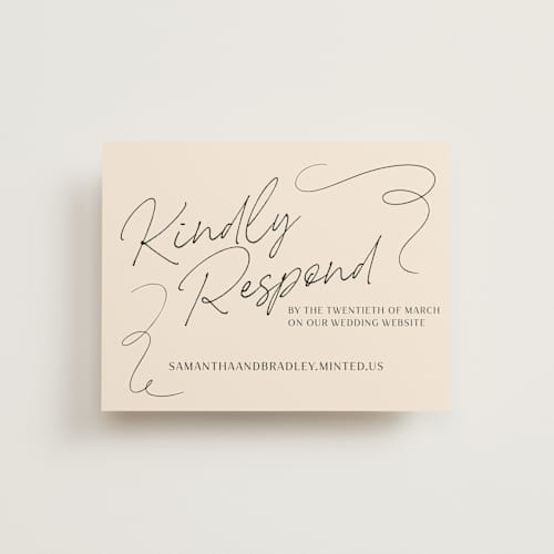 This is a champagne rsvp cards with standard by Wallace Design Co. called french whimsy script printing on signature in standard