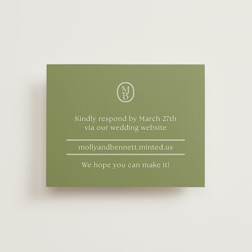 This is a moss rsvp cards with standard by Megan Davis called perriand printing on signature in standard