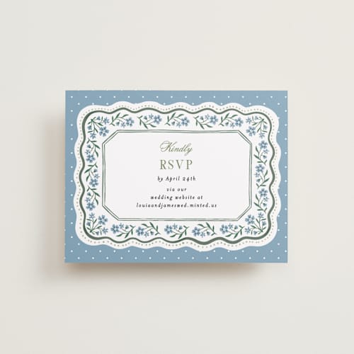 This is a periwinkle rsvp cards with standard by Alethea and Ruth called sweet vintage printing on signature in standard