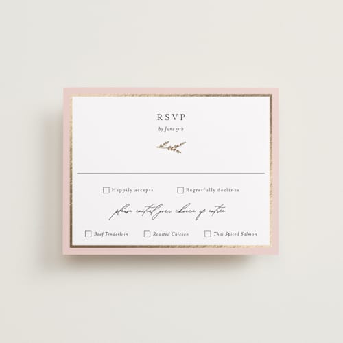 This is a blush rsvp cards with foil pressed by Susan Moyal called blooming vine printing on signature in standard