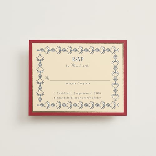 This is a navy rsvp cards with foil pressed by Baumbirdy called woven printing on signature in standard