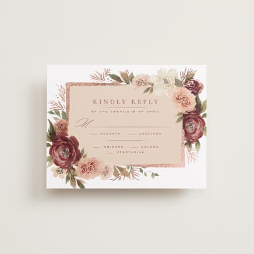 This is a peony rsvp cards with foil pressed by Wildfield Paper Co called romantic frame printing on signature in standard