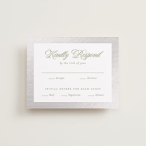 This is a olive rsvp cards with foil pressed by Ellen Schlegelmilch called museo printing on signature in standard