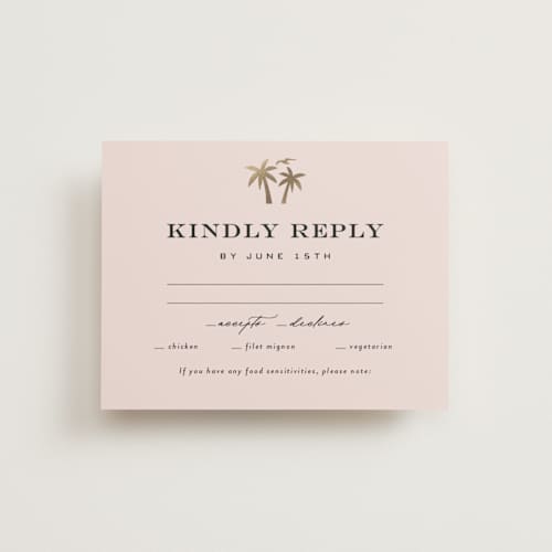 This is a blush rsvp cards with foil pressed by Laura Hamm called tropical getaway printing on signature in standard