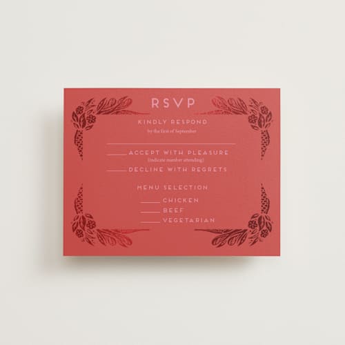 This is a ruby rsvp cards with foil pressed by Ghia Designs called fiery printing on signature in standard
