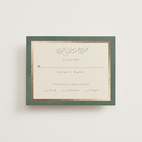 This is a rosemary rsvp cards with foil pressed by Emily Betts called vintage oval printing on signature in standard