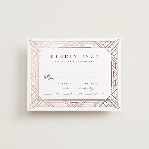 This is a dark navy rsvp cards with foil pressed by Hooray Creative called opulent border printing on signature in standard