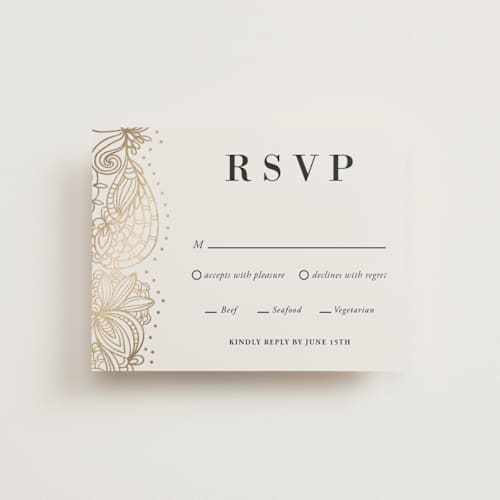 This is a champagne rsvp cards with foil pressed by Oma N. Ramkhelawan called elegant henna printing on signature in standard
