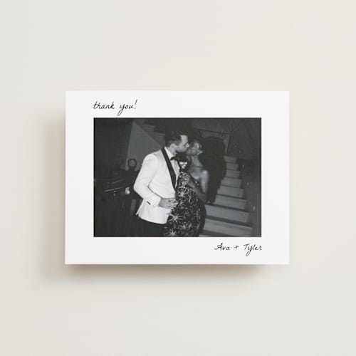 This is a snow wedding thank you cards with standard by Brittney Jensen called polaroid printing on signature in standard