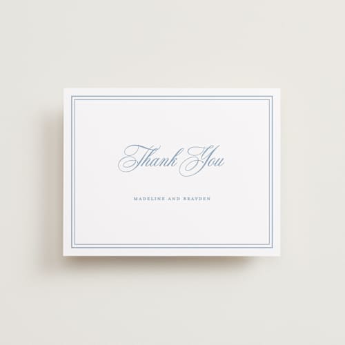This is a provincial blue wedding thank you cards with standard by Melinda Denison called the chapel printing on signature in standard