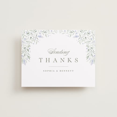 This is a periwinkle wedding thank you cards with standard by Kristen Smith called delicate vines printing on signature in standard