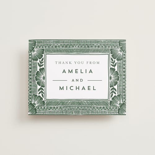This is a fern wedding thank you cards with standard by Katharine Watson called block print frame printing on signature in standard