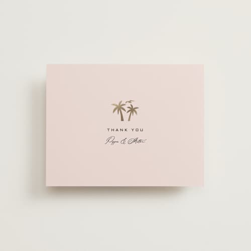 This is a blush wedding thank you cards with foil pressed by Laura Hamm called tropical getaway printing on signature in standard