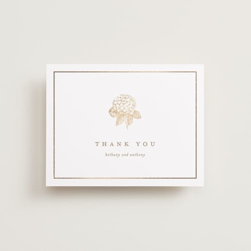 This is a cotton wedding thank you cards with foil pressed by Stacey Meacham called hydrangea bloom printing on signature in standard