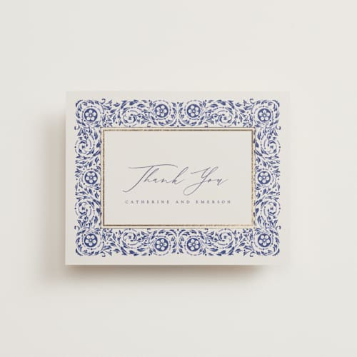 This is a dynasty blue wedding thank you cards with foil pressed by Ana de Sousa called tiled romance printing on signature in standard