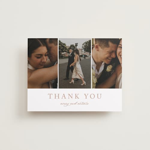 This is a dusty pink thank you postcards with standard by Jennifer Postorino called avery printing on signature in postcard