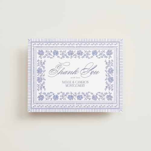 This is a cerulean thank you postcards with standard by Jenna Holcomb called embroidered printing on signature in postcard