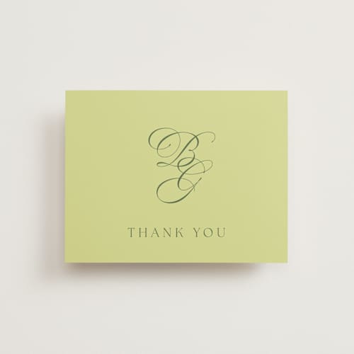 This is a chartreuse thank you postcards with standard by Everett Paper Goods called carlyle printing on signature in postcard