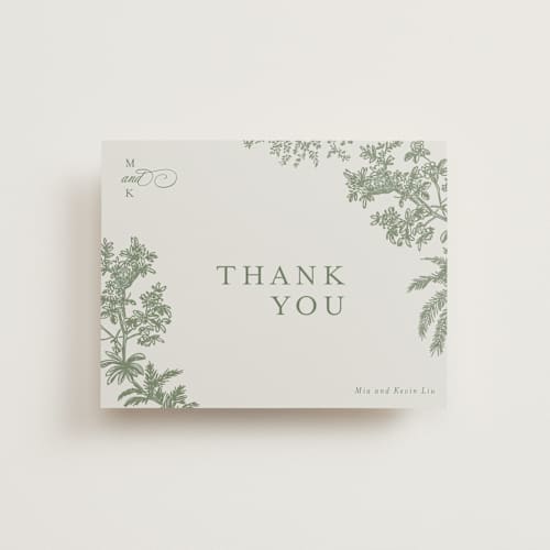 This is a jungle wedding thank you cards with standard by Jenna Holcomb called vintage tropics printing on strathmore in standard