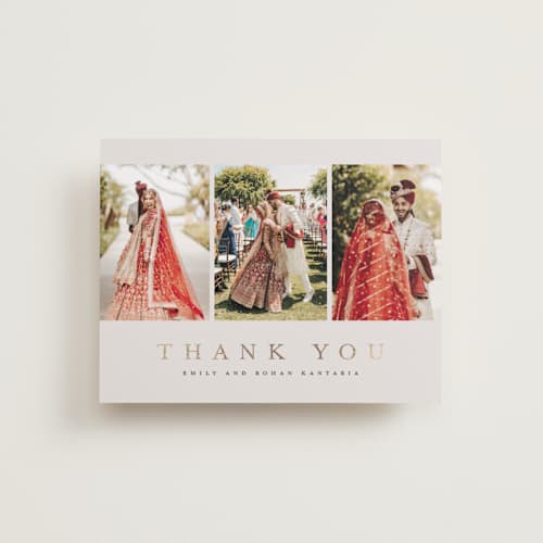 This is a sand wedding thank you cards with foil pressed by Nicole Walsh called elegant trio printing on strathmore in standard