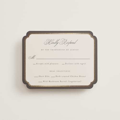 This is a cognac rsvp cards with foil pressed by Emily Betts called arch frame printing on signature in standard