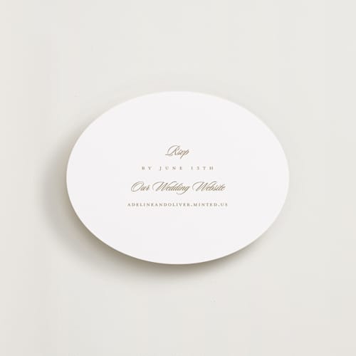 This is a golden rsvp cards with standard by Stacey Meacham called classic decorum printing on signature in standard