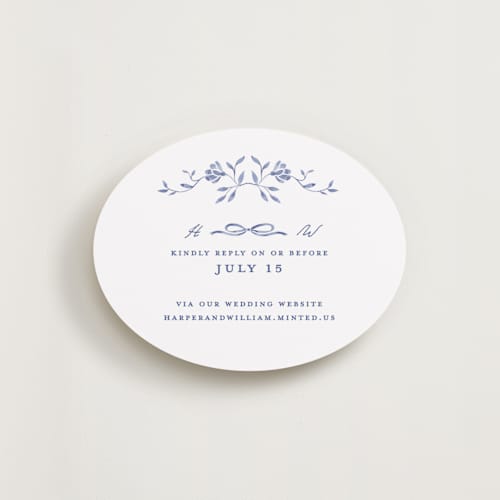 This is a blue willow rsvp cards with standard by Susan Zinader called daisy toile printing on signature in standard