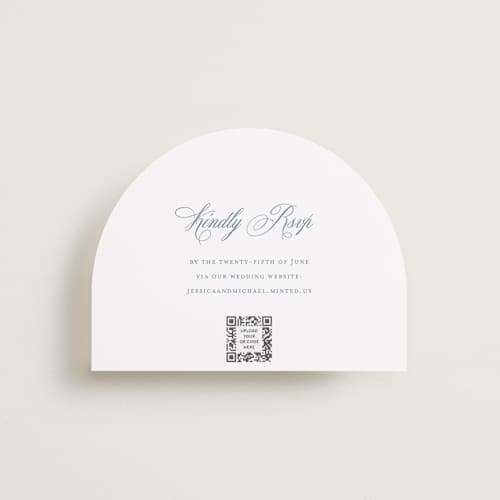This is a dusty blue rsvp cards with standard by Jennifer Postorino called empire printing on signature in standard