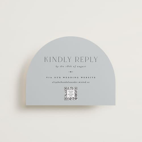 This is a dusty blue rsvp cards with standard by Carolyn Nicks called grande printing on signature in standard