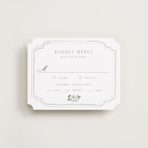This is a mist rsvp cards with standard by Everett Paper Goods called wistful printing on signature in standard