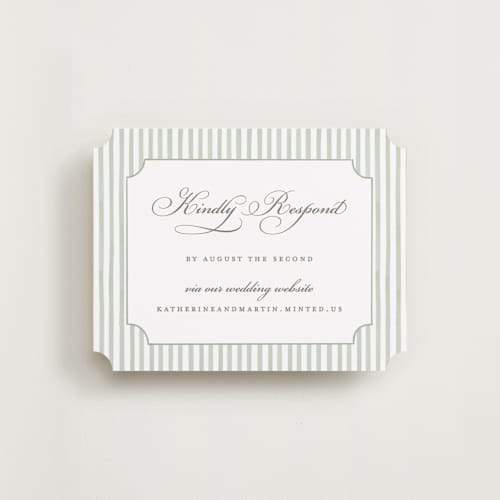 This is a sage rsvp cards with standard by Sarah Knight called greenery crest printing on signature in 4.25x5.5