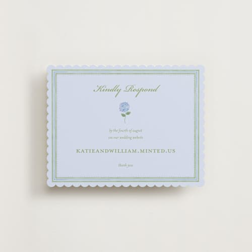 This is a coastal rsvp cards with standard by Madhvi Samimi called hydrangea vines printing on signature in standard