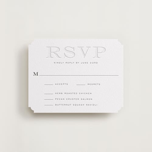 This is a soft black rsvp cards with letterpress by Jenna Holcomb called classically printing on white cotton in standard