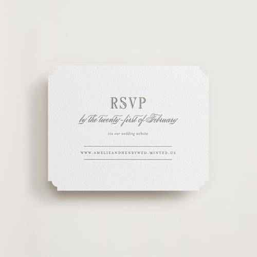 This is a artichoke rsvp cards with letterpress by Megan Davis called hepburn printing on white cotton in standard