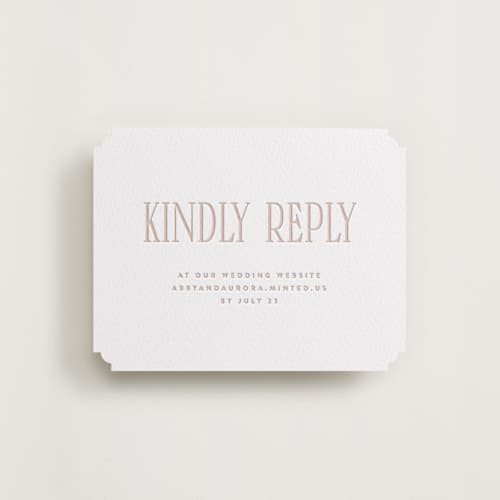 This is a sandstone rsvp cards with letterpress by JoAnn Jinks called title printing on white cotton in standard