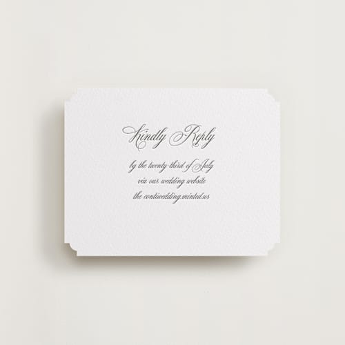 This is a soft black rsvp cards with letterpress by Benita Crandall called palazzo printing on white cotton in standard