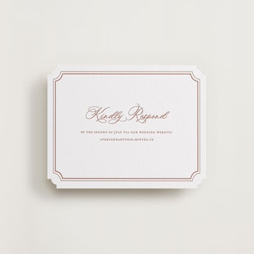 This is a cinnamon rsvp cards with letterpress by Jennifer Postorino called avery printing on white cotton in standard