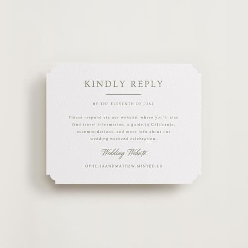 This is a olive rsvp cards with letterpress by Ana Sharpe called summit meadows printing on white cotton in standard